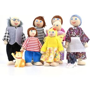 Jzszera Wooden Dollhouse People، عائلة دمى بيت الدمية مقاس 2-4 بوصات مع حيوانين أليفين (الكلب والقط) in Kuwait