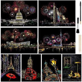 Scratch Art for Kids & Adult, Rainbow Engraving Painting Landscape Scratchboard(A4) Crafts Set: 8 Sheets 4 tools - Congress Building, Burj Al Arab, Eiffel Tower, Big Ben, Moscow(Fireworks / Building) in Kuwait