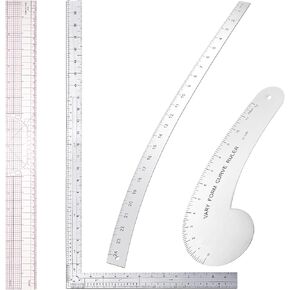 Xuhal 4 Pcs Fashion Sewing Ruler with French Curves Aluminum Designers Ruler Kit Includes Curve Ruler, Hip Curve Ruler, L Square Curve Ruler and Plastic Grading Ruler for Design Crafts Sewing in Kuwait