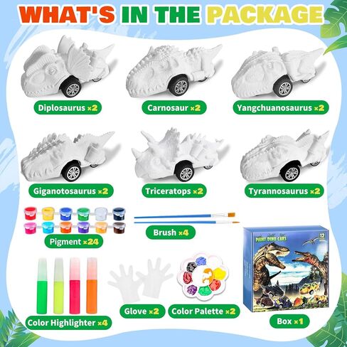12 Pack Dinosaur Car Toys for Kids- Glow in the Dark DIY Dinosaurs Painting Kits,Pull Back Cars Toys for Boys Toddlers Girls, Arts and Crafts for Kids Ages 6-8, Ideal Christmas Birthday Gifts for Kids in Kuwait