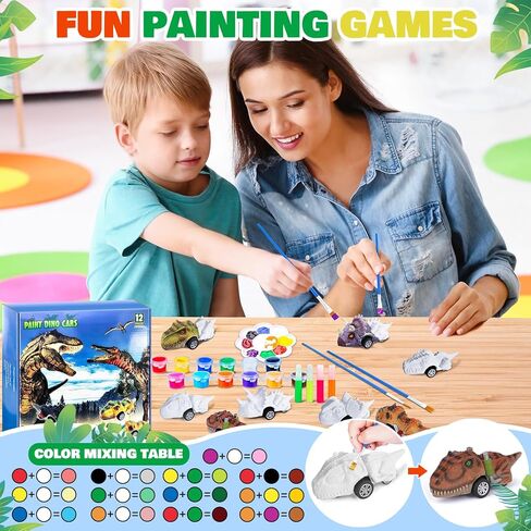 12 Pack Dinosaur Car Toys for Kids- Glow in the Dark DIY Dinosaurs Painting Kits,Pull Back Cars Toys for Boys Toddlers Girls, Arts and Crafts for Kids Ages 6-8, Ideal Christmas Birthday Gifts for Kids in Kuwait