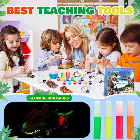 12 Pack Dinosaur Car Toys for Kids- Glow in the Dark DIY Dinosaurs Painting Kits,Pull Back Cars Toys for Boys Toddlers Girls, Arts and Crafts for Kids Ages 6-8, Ideal Christmas Birthday Gifts for Kids in Kuwait