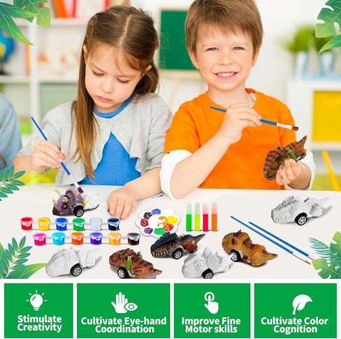 12 Pack Dinosaur Car Toys for Kids- Glow in the Dark DIY Dinosaurs Painting Kits,Pull Back Cars Toys for Boys Toddlers Girls, Arts and Crafts for Kids Ages 6-8, Ideal Christmas Birthday Gifts for Kids in Kuwait