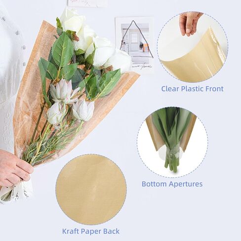 100 قطعة من ورق تغليف باقة الزهور - أكياس زهور كرافت للباقات، أكمام زهور بنية واجهة شفافة لمستلزمات تغليف وترتيب الزهور (15.7 × 13.8 بوصة) in Kuwait