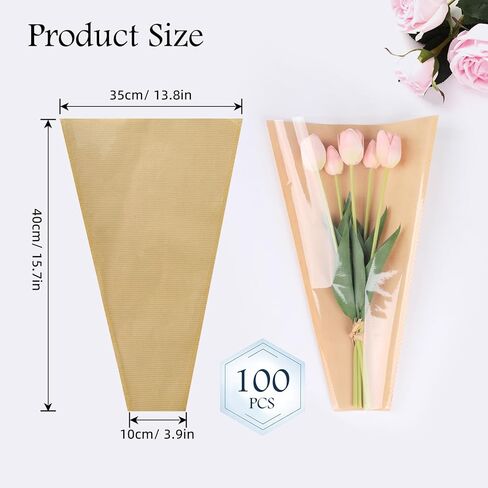 100 قطعة من ورق تغليف باقة الزهور - أكياس زهور كرافت للباقات، أكمام زهور بنية واجهة شفافة لمستلزمات تغليف وترتيب الزهور (15.7 × 13.8 بوصة) in Kuwait