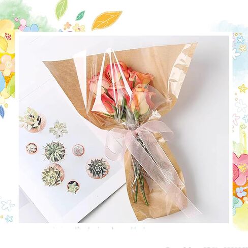 100 قطعة من ورق تغليف باقة الزهور - أكياس زهور كرافت للباقات، أكمام زهور بنية واجهة شفافة لمستلزمات تغليف وترتيب الزهور (15.7 × 13.8 بوصة) in Kuwait