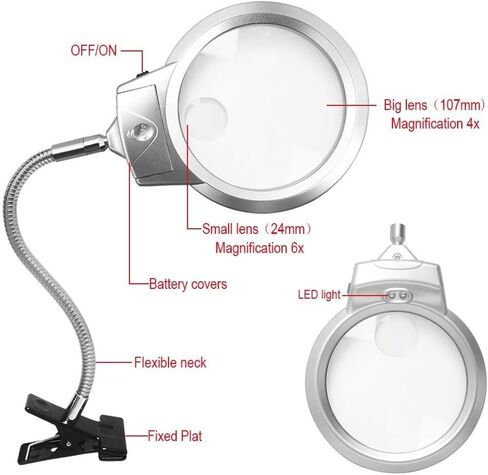 أدوات مكبرة بطلاء ماسي 5D، مصباح LED مكبر 4X و6X مع مشبك وعنق مرن، طلاء ماسي 5D ومصباح مكبر أدوات خياطة متقاطعة (استخدم ثلاث بطاريات) in Kuwait