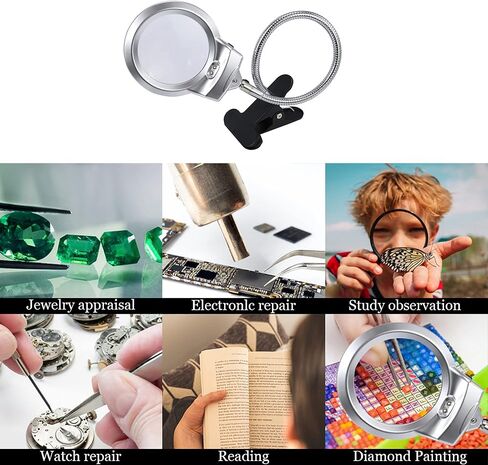 أدوات مكبرة بطلاء ماسي 5D، مصباح LED مكبر 4X و6X مع مشبك وعنق مرن، طلاء ماسي 5D ومصباح مكبر أدوات خياطة متقاطعة (استخدم ثلاث بطاريات) in Kuwait