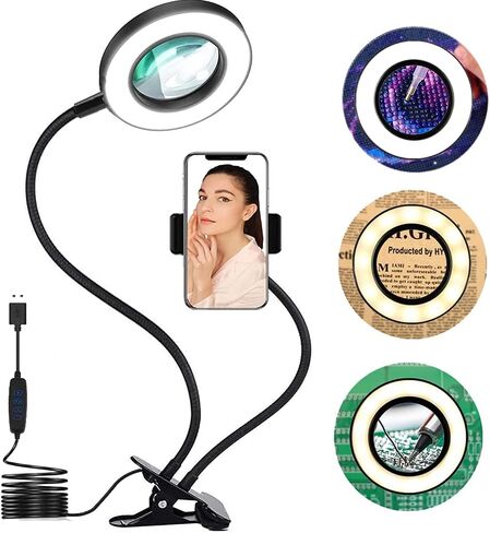 عدسة مكبرة مع ضوء، حلقة ضوء سيلفي مع حامل للهاتف الخلوي، ادوات مكبرة للرسم الماسي خماسي الابعاد، مصباح قراءة بمشبك على ضوء LED، مصباح مكتب بعدسة مكبرة 4 اضعاف in Kuwait