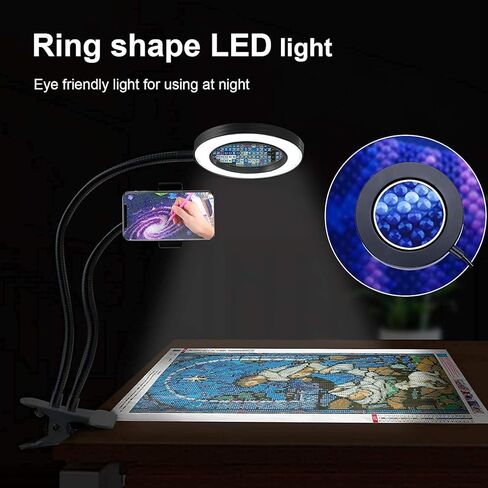 عدسة مكبرة مع ضوء، حلقة ضوء سيلفي مع حامل للهاتف الخلوي، ادوات مكبرة للرسم الماسي خماسي الابعاد، مصباح قراءة بمشبك على ضوء LED، مصباح مكتب بعدسة مكبرة 4 اضعاف in Kuwait