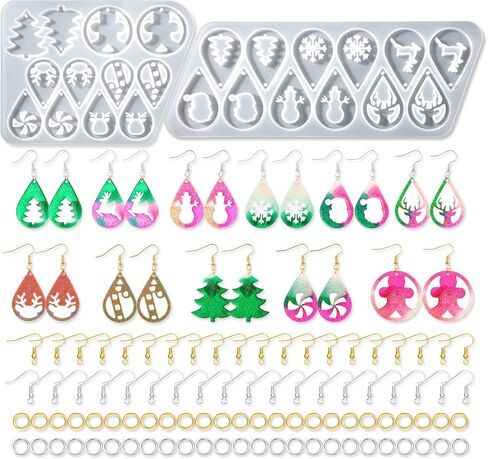 12 Pair Christmas Earring Mold Resin Silicone with Earring Hooks and Jump Ring Earring Casting Mold for Christmas Tree Elk Snowflake Resin Earring Keychains Epoxy Craft Xmas DIY Jewelry Making Kit in Saudi Arabia
