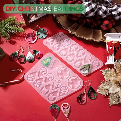 12 Pair Christmas Earring Mold Resin Silicone with Earring Hooks and Jump Ring Earring Casting Mold for Christmas Tree Elk Snowflake Resin Earring Keychains Epoxy Craft Xmas DIY Jewelry Making Kit in Saudi Arabia