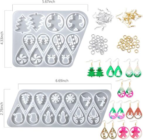 12 Pair Christmas Earring Mold Resin Silicone with Earring Hooks and Jump Ring Earring Casting Mold for Christmas Tree Elk Snowflake Resin Earring Keychains Epoxy Craft Xmas DIY Jewelry Making Kit in Saudi Arabia