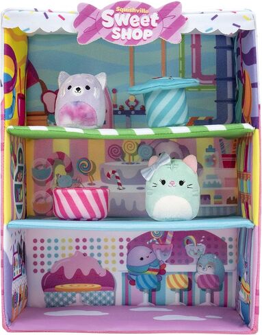 Squishville by Original Squishmallows Sweet Shop - Playset with 2-Inch Priya The Purple Panda, Tres’zure The Teal Cat & Bistro Table and Chair - Toys for Kids in Kuwait