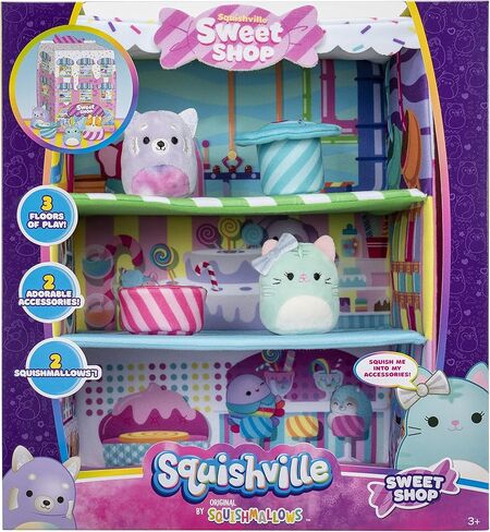 Squishville by Original Squishmallows Sweet Shop - Playset with 2-Inch Priya The Purple Panda, Tres’zure The Teal Cat & Bistro Table and Chair - Toys for Kids in Kuwait