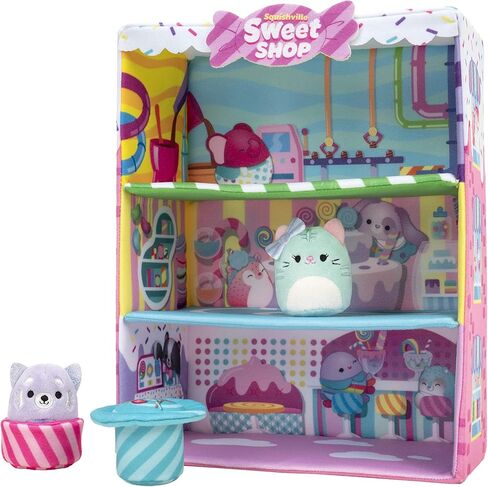 Squishville by Original Squishmallows Sweet Shop - Playset with 2-Inch Priya The Purple Panda, Tres’zure The Teal Cat & Bistro Table and Chair - Toys for Kids in Kuwait
