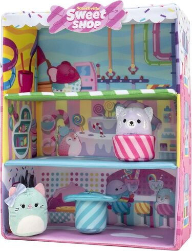 Squishville by Original Squishmallows Sweet Shop - Playset with 2-Inch Priya The Purple Panda, Tres’zure The Teal Cat & Bistro Table and Chair - Toys for Kids in Kuwait