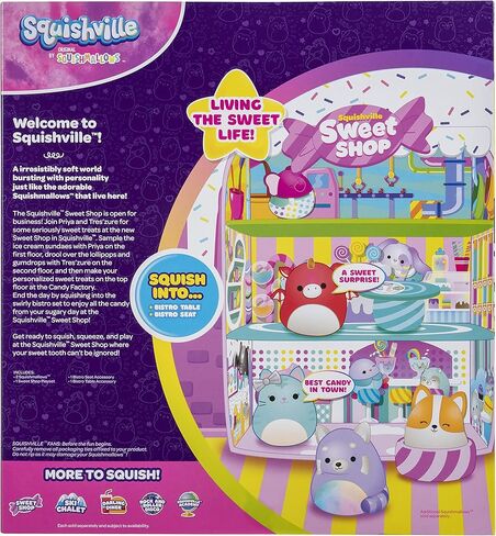 Squishville by Original Squishmallows Sweet Shop - Playset with 2-Inch Priya The Purple Panda, Tres’zure The Teal Cat & Bistro Table and Chair - Toys for Kids in Kuwait