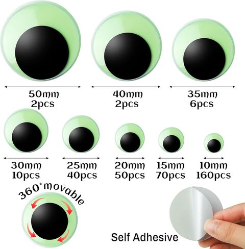 340 PCS Googly Eyes Self Adhesive for Crafts Glow in The Dark Luminous Craft Sticker Sparkle Multi Sizes Wiggle Eyes, Googly Eyes for DIY（50 40 35 30 25 20 15 10mm） in Kuwait