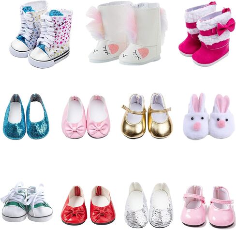 9 ازواج من احذية الدمى تناسب اكسسوارات الدمى الامريكية مقاس 18 انش، احصل 100% على 3 ازواج من احذية الدمى in Kuwait