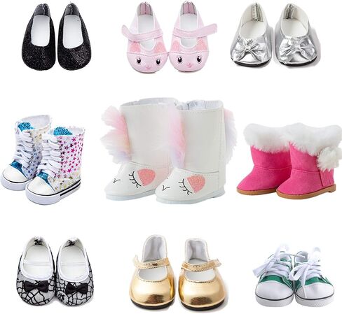 9 ازواج من احذية الدمى تناسب اكسسوارات الدمى الامريكية مقاس 18 انش، احصل 100% على 3 ازواج من احذية الدمى in Kuwait