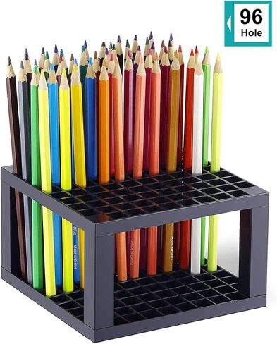 96 Hole Pencil & Brush Holders, 2 Pack Multi Bin Plastic Desk Stand Organizer Holding Rack for Pens, Paint Brushes, Colored Pencils, Gel Pens, Markers and Modeling Tools, Storage & Organizing Crate in Kuwait