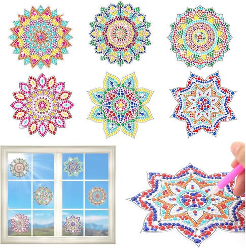 CrazyJan 6 قطع مجموعات طلاء ماسي لصائدي الشمس، ملصقات نافذة من الزجاج الملون، إكسسوارات فنية ماسية ذاتية الصنع للبالغين والأطفال، هدايا فنية للفتيات والنساء والأطفال in Kuwait