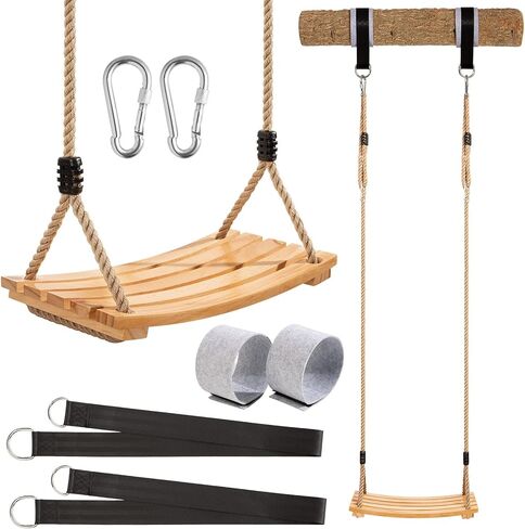 أرجوحة خشبية معلقة من يانجباغا، مقعد أرجوحة خشبية للأطفال مع حبل قنب قابل للتعديل بالإضافة إلى أشرطة شجرة بوصة وخطافين حلقة تسلق للحديقة أو المنزل للأطفال in Kuwait