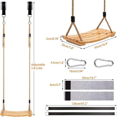 أرجوحة خشبية معلقة من يانجباغا، مقعد أرجوحة خشبية للأطفال مع حبل قنب قابل للتعديل بالإضافة إلى أشرطة شجرة بوصة وخطافين حلقة تسلق للحديقة أو المنزل للأطفال in Kuwait