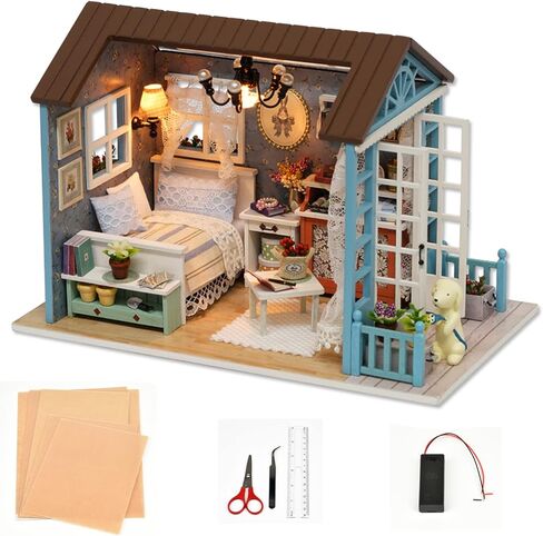 DIY Miniature Dollhouse Kit Realistic Mini 3D Wooden Mini Doll House Room with Furniture LED Lights Christmas Decoration Birthday Gift for Kids Teens Adults (Forest time) in Kuwait