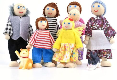 Jzszera Wooden Dollhouse People، عائلة دمى بيت الدمية مقاس 2-4 بوصات مع حيوانين أليفين (الكلب والقط) in Kuwait