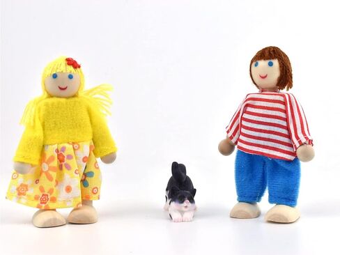 Jzszera Wooden Dollhouse People، عائلة دمى بيت الدمية مقاس 2-4 بوصات مع حيوانين أليفين (الكلب والقط) in Kuwait
