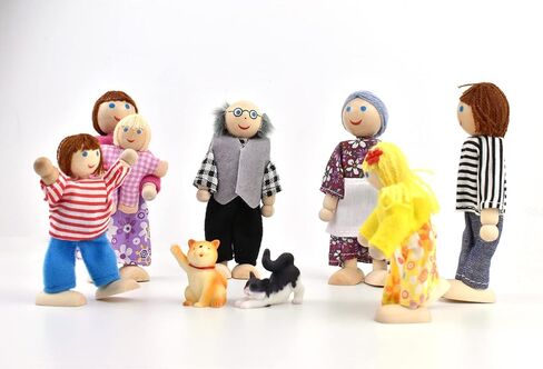 Jzszera Wooden Dollhouse People، عائلة دمى بيت الدمية مقاس 2-4 بوصات مع حيوانين أليفين (الكلب والقط) in Kuwait