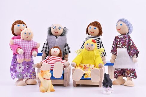 Jzszera Wooden Dollhouse People، عائلة دمى بيت الدمية مقاس 2-4 بوصات مع حيوانين أليفين (الكلب والقط) in Kuwait