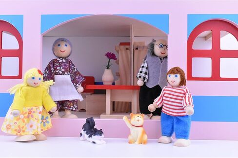 Jzszera Wooden Dollhouse People، عائلة دمى بيت الدمية مقاس 2-4 بوصات مع حيوانين أليفين (الكلب والقط) in Kuwait