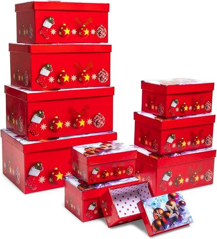 Bright Creations 10 Pack Red Nesting Christmas Gift Boxes with Lids for Presents, Stackable Nested Holiday Gift Wrap (10 Sizes) in Saudi Arabia