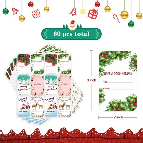 ملصقات علامات هدايا عيد الميلاد، 60 قطعة ذاتية اللصق، ملصقات عيد الميلاد من وإلى الملصقات، ملصقات هدايا عيد الميلاد لحزمة مغلفات الصناديق والحقائب، 2 × 3 بوصة in Kuwait