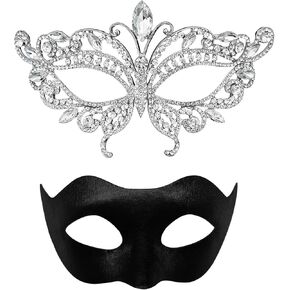 Masquerade Mask for Couple Luxury Rhinestone Fancy Mask Venetian Mardi Gras Party Mask for Women Girls Silver in Kuwait