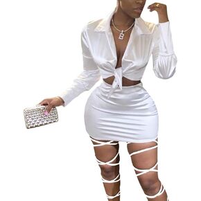 LuFeng Womens Satin Sexy Self Tie Front Long Sleeve 2 Piece Outfits Crop Top and Mini Bodycon Skirt Set