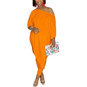 NSHYPOI Women Casual 2 Piece Outfits One Shoulder Asymmetric Top Bodycon Long Pant Set Loungewear