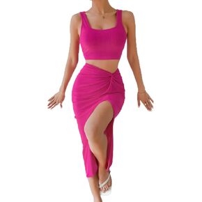 Verdusa Women's 2 Piece Outfit Square Neck Crop Tank Top and Ruched Long Skirt Sets