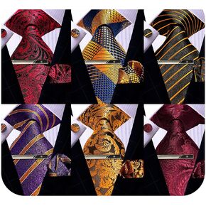 Kerfado Mens Silk Tie Set, 6PCS Tie and Pocket Square Cufflinks Clip Set Wedding Business Party Necktie