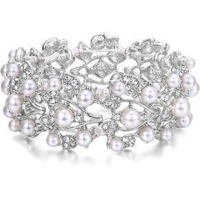 EVER FAITH Crystal Cream Simulated Pearl 1920's Style Leaf Stretch Bracelet Clear in Kuwait