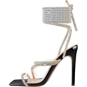 richealnini Women's Sparkly Clear Lace Up Ankle Strap High Heel Sandals