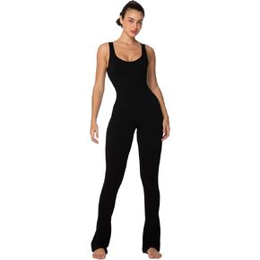 Sunzel Womens Sleeveless Bodysuits Seamless Ribbed Jumpsuit with Butt Scrunch Flare Leggings Built-in Pad and Square Neck in Kuwait