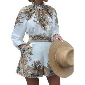 Gihuo Womens Boho Print Long Sleeve Top High Waist Shorts Sets 2 Piece Outfits Tropical Romper Summer Matching Set