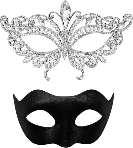 Masquerade Mask for Couple Luxury Rhinestone Fancy Mask Venetian Mardi Gras Party Mask for Women Girls Silver in Kuwait