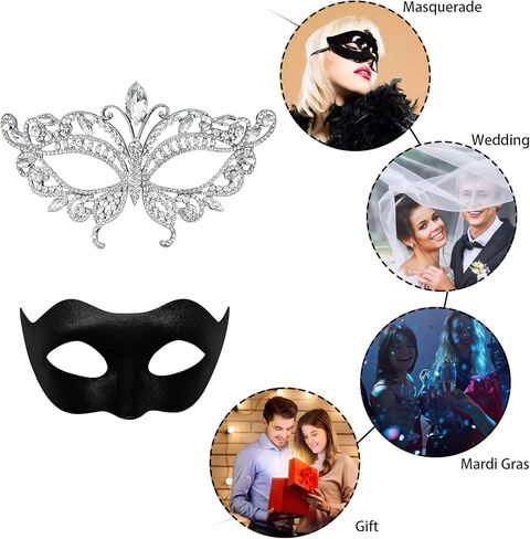 Masquerade Mask for Couple Luxury Rhinestone Fancy Mask Venetian Mardi Gras Party Mask for Women Girls Silver in Kuwait