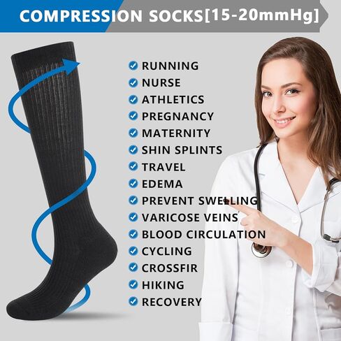 Athlemo 4Pairs Cotton Compression Socks for Men & Women Circulation 8-15mmHg Knee High Socks 9-11 BLK in Saudi Arabia