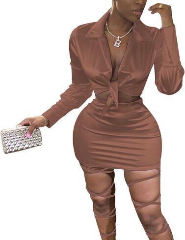 LuFeng Womens Satin Sexy Self Tie Front Long Sleeve 2 Piece Outfits Crop Top and Mini Bodycon Skirt Set in Saudi Arabia